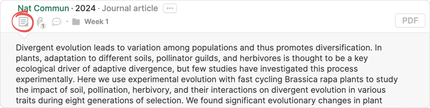 The circled abstract button below a reference, with the abstract text expanded underneath it.